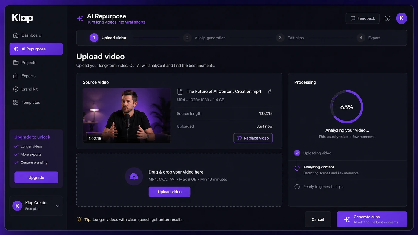 Klap: upload workflow, showing how a buyer starts from a long-form video before generating short clips