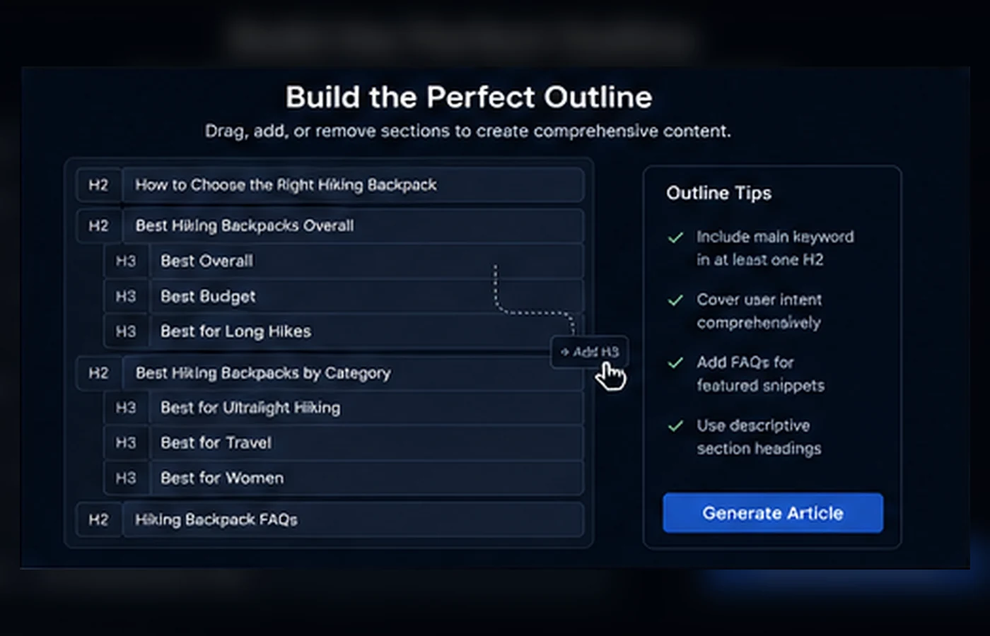 Koala AI: outline editor, showing headings and structure controls before a long-form article is generated