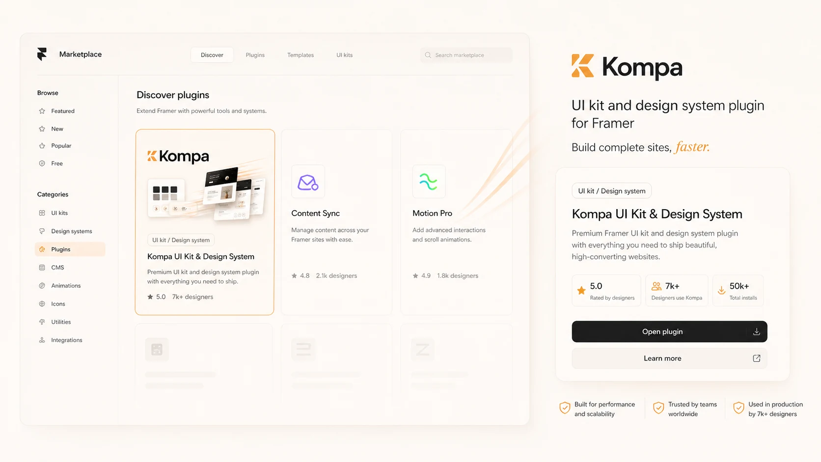 Kompa: Framer Marketplace listing, showing the free version and plugin positioning for Framer users