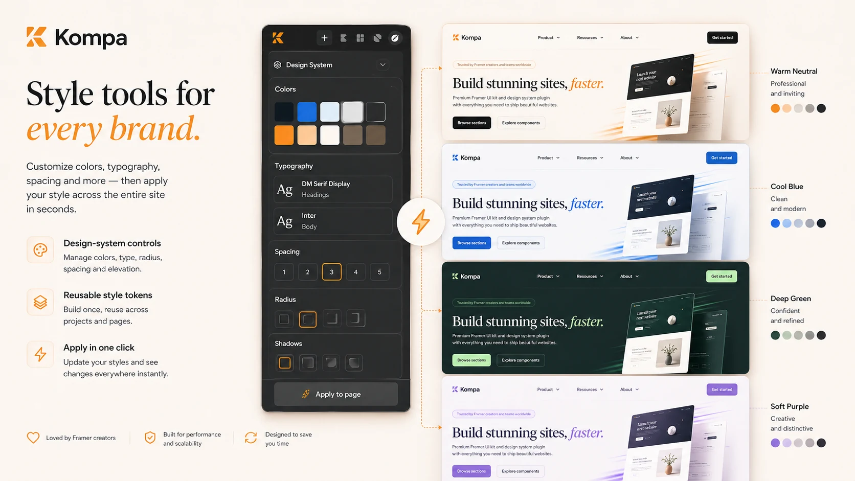 Kompa: style tools, showing how buyers can adjust colors and typography before using sections in Framer