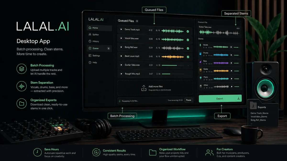 LALAL.AI: desktop app workflow, showing batch processing and local project handling for repeated stem separation tasks