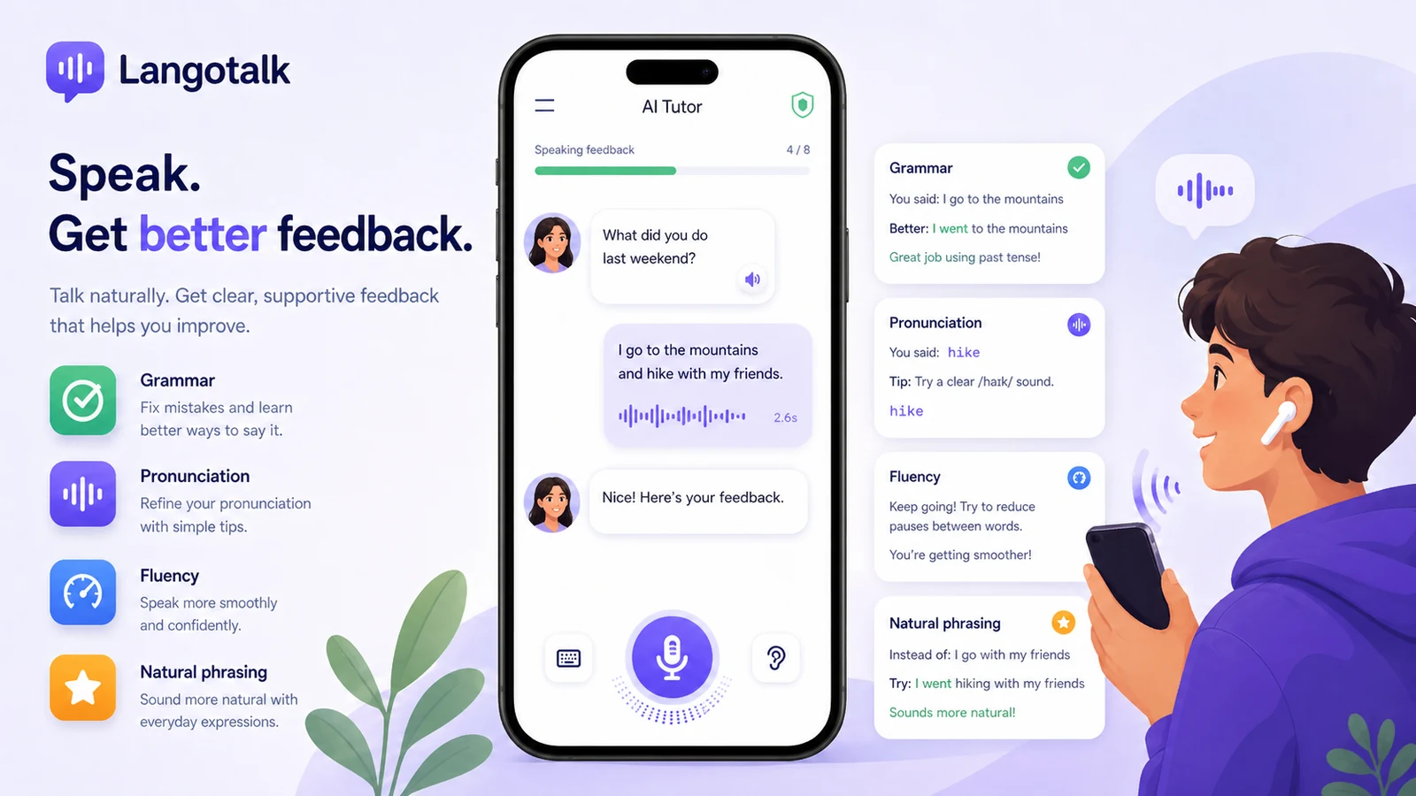 Langotalk: speaking feedback, showing corrections for grammar, pronunciation, and fluency practice