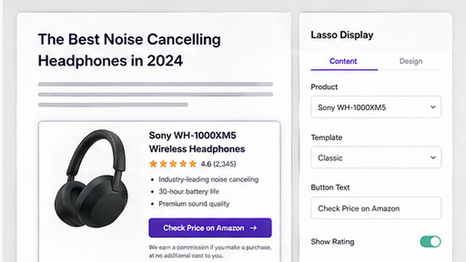 Lasso: product display builder, showing affiliate product boxes and calls to action inside content