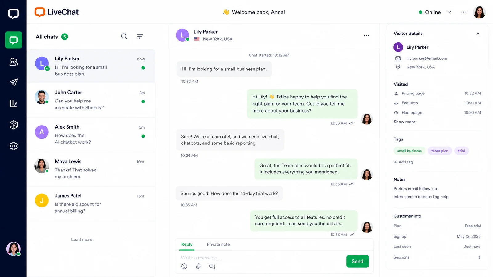 LiveChat: chat workspace, showing active customer conversations and agent handling context