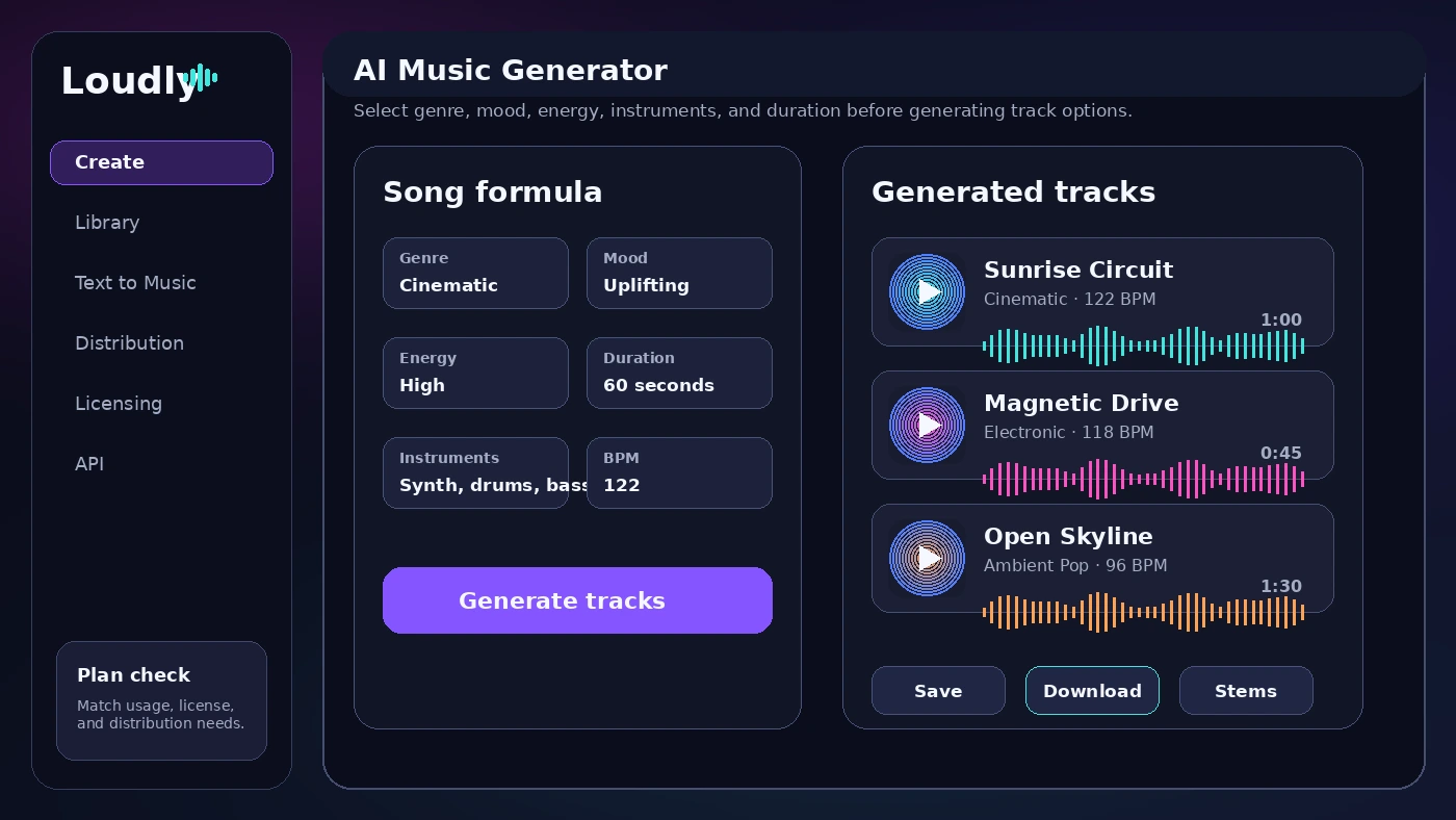 Loudly: AI music generator, showing how a buyer creates royalty-free tracks from genre, mood, and prompt choices