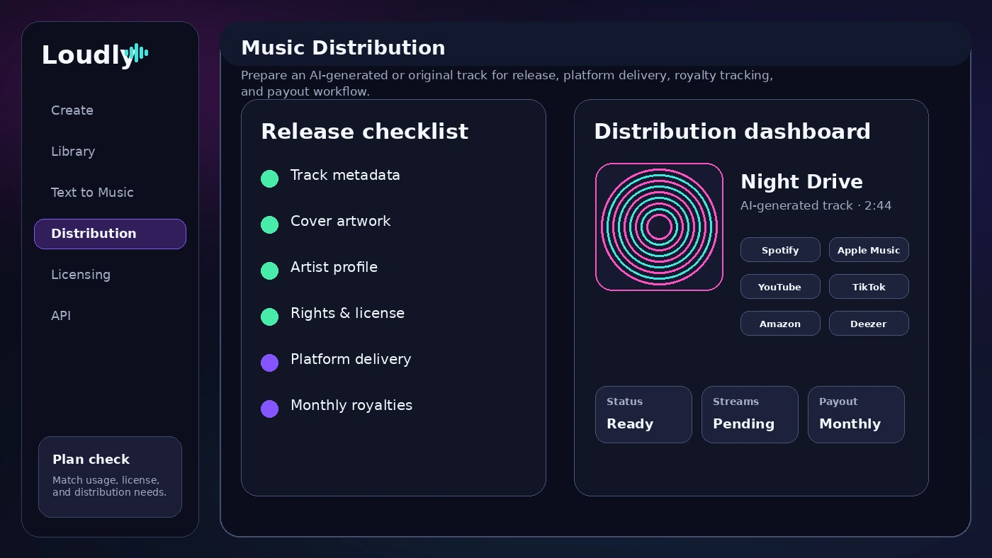 Loudly: music distribution workflow, showing how creators release tracks to streaming and social platforms