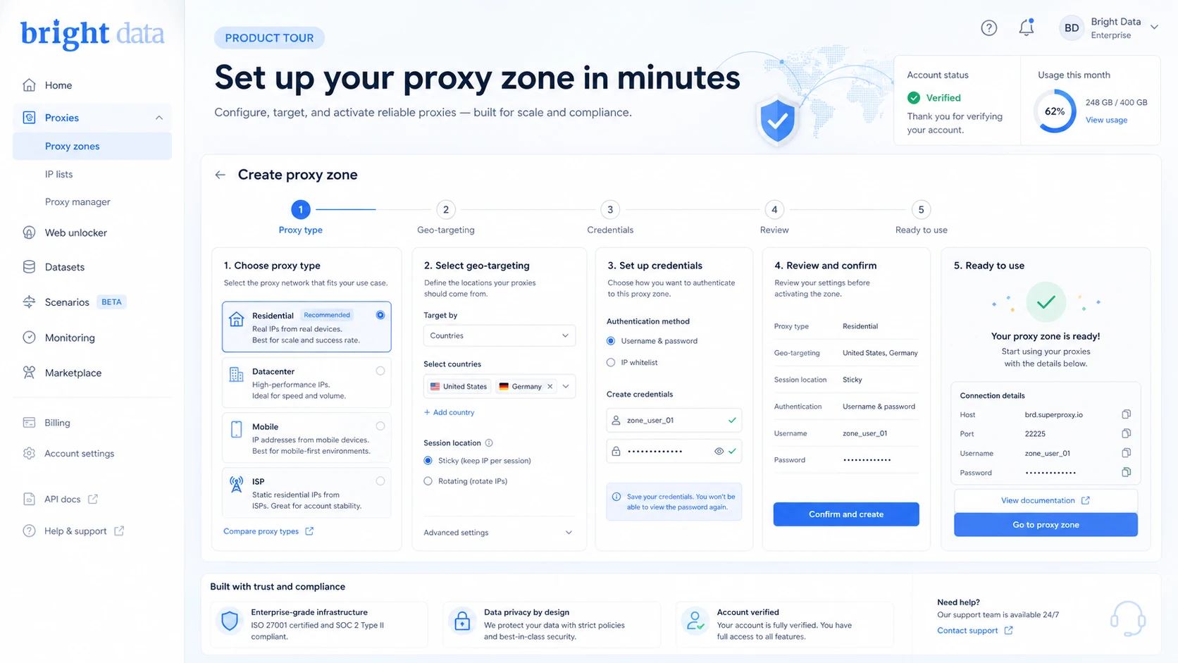 Bright Data (Luminati Proxy): residential proxy zone setup, showing how buyers create a proxy zone before sending traffic