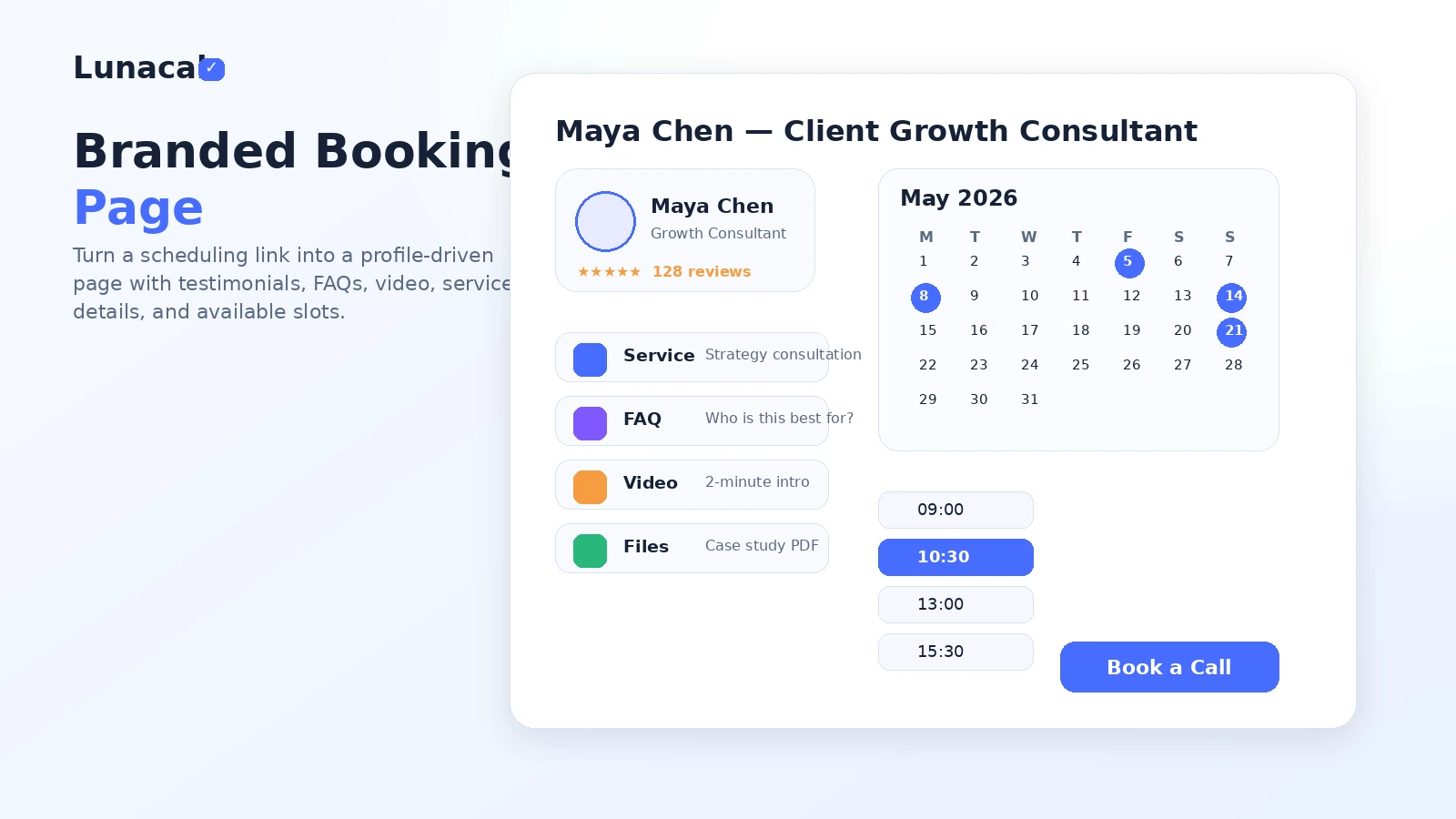 Lunacal: branded booking page, showing how a buyer can turn a scheduling link into a profile-driven booking experience