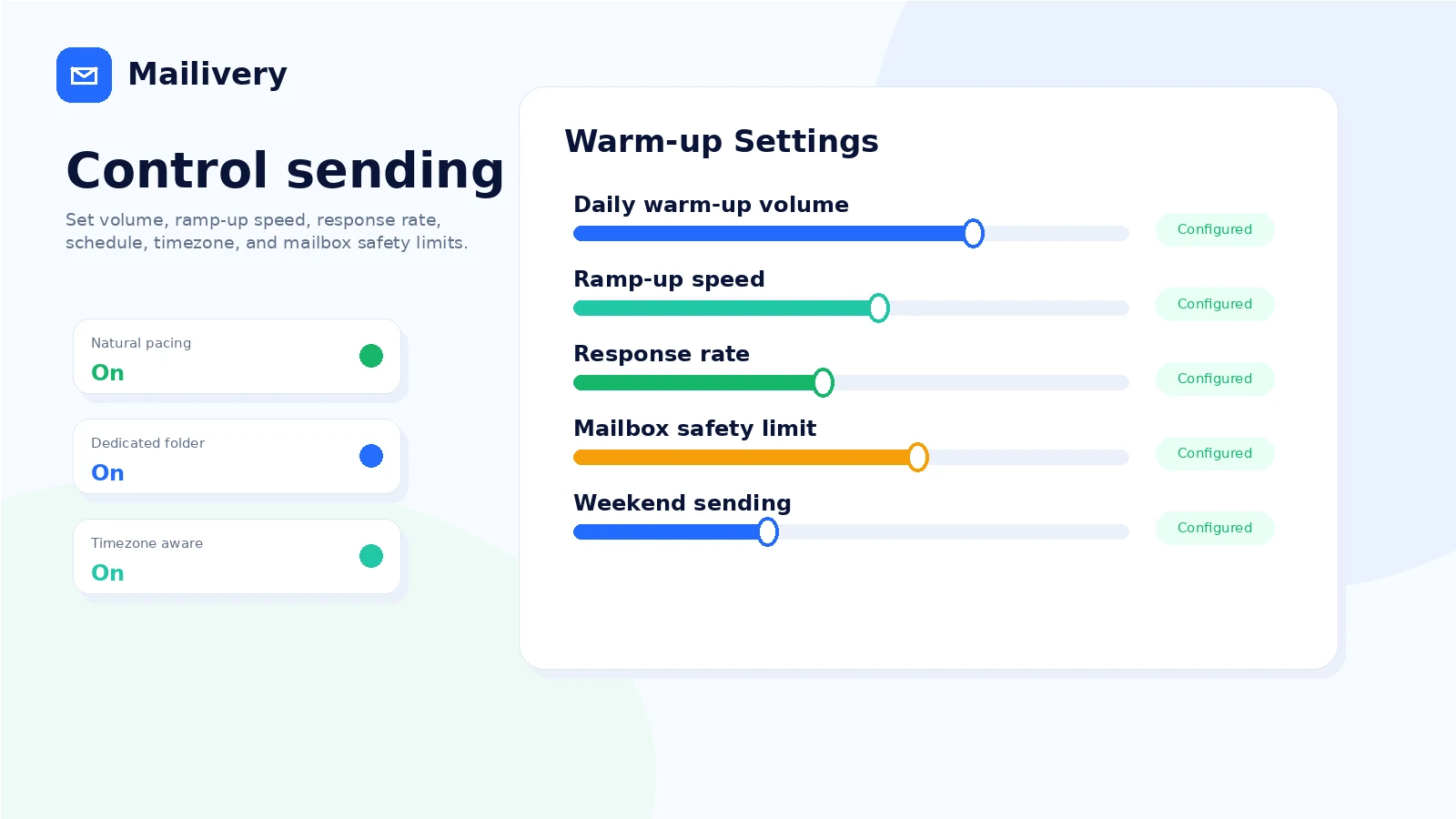 Mailivery: sending behavior settings, showing warm-up volume and timing controls for safer mailbox ramp-up