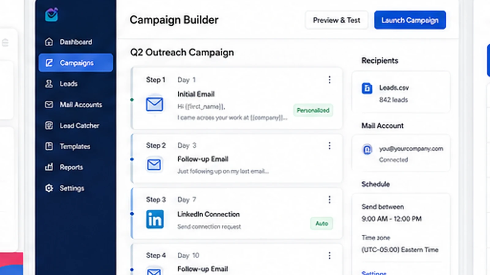 Mailshake: campaign builder, showing how a buyer creates a cold email sequence with follow-ups and personalization