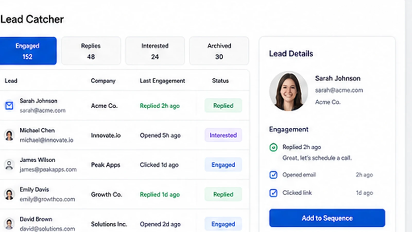 Mailshake: Lead Catcher dashboard, showing engaged prospects and reply activity for sales follow-up decisions