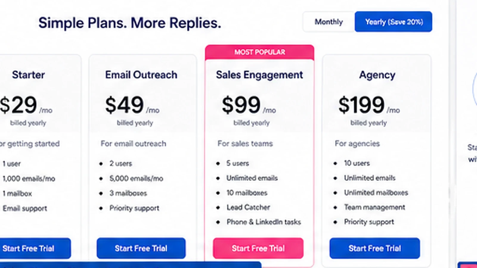 Mailshake: pricing plans, showing Starter, Email Outreach, Sales Engagement, and Agency paths for plan selection
