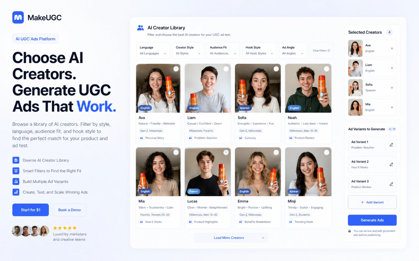 MakeUGC: script to AI UGC video workflow, showing how a buyer turns ad copy into a generated creator video