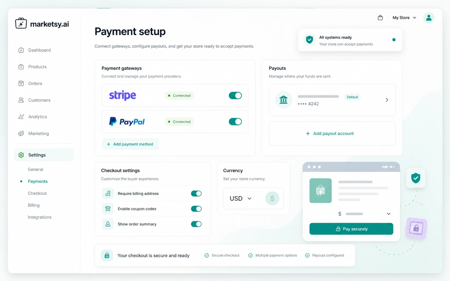 Marketsy: payment setup, showing Stripe and PayPal as checkout options for a digital product store