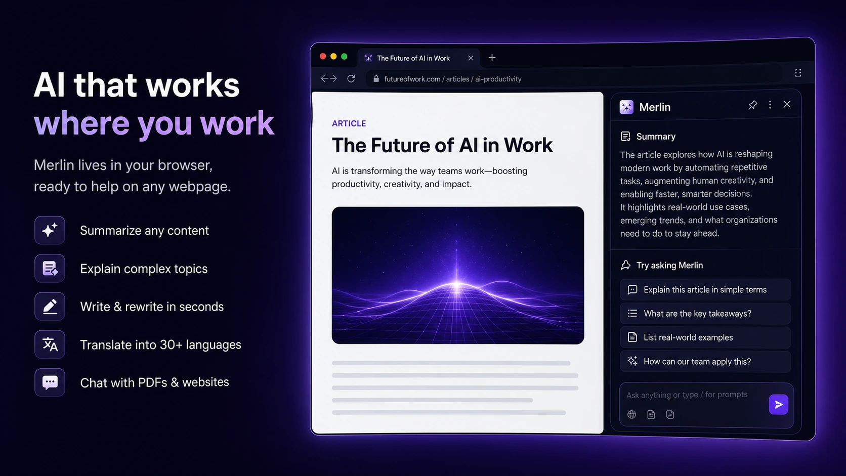Merlin AI: Chrome extension listing, showing browser-based research, rewriting, and summarization signals