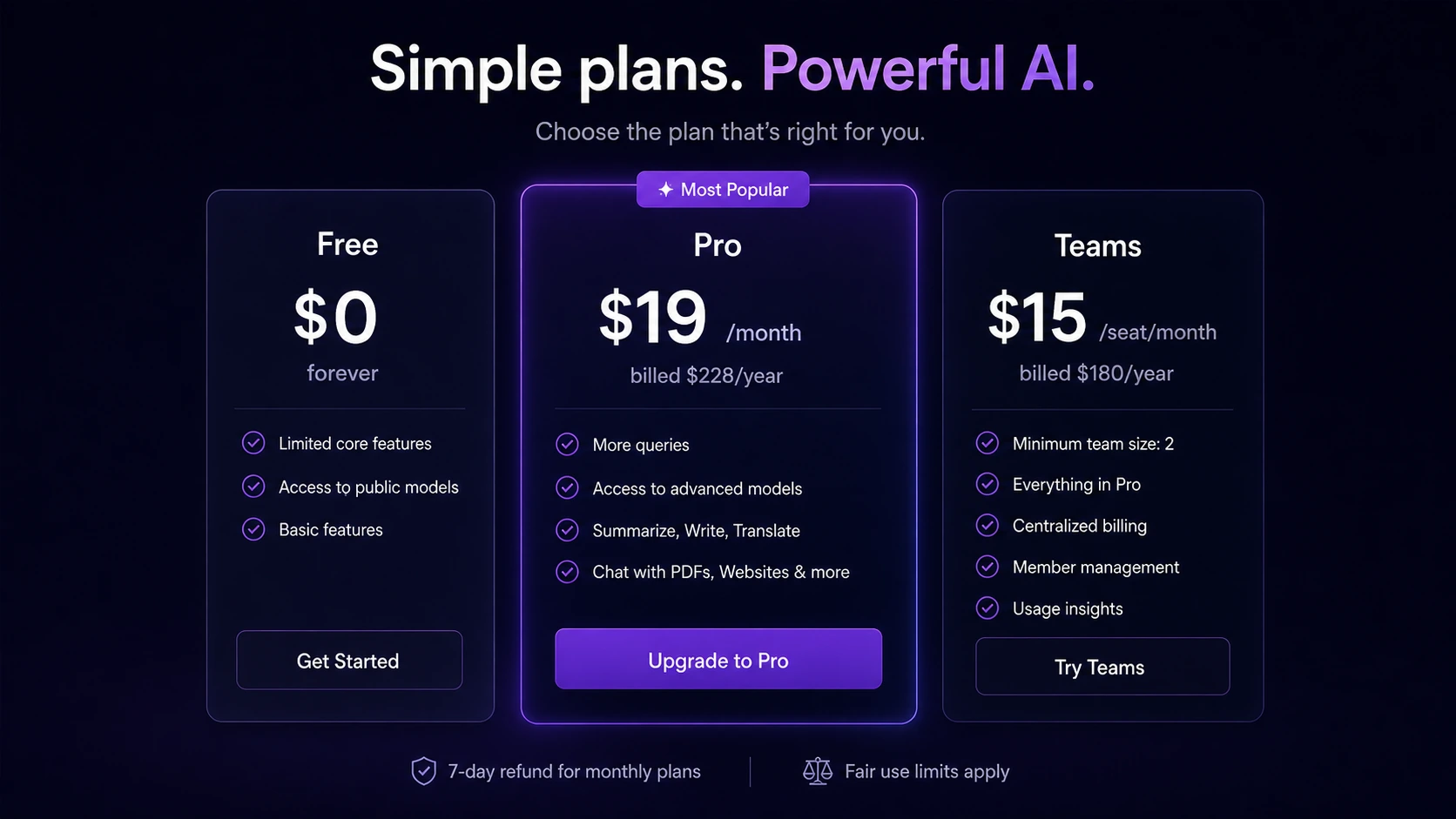 Merlin AI: pricing plans, showing free, Pro, and Teams choices for buyer comparison