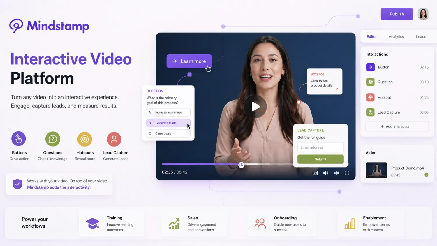 Mindstamp: platform editor tour, showing how a buyer adds interactive layers to an existing video