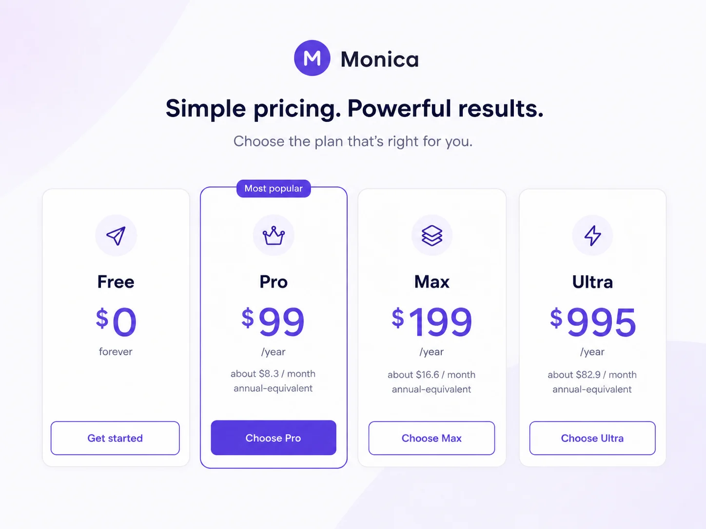 Monica: pricing plan table, showing free and paid tiers buyers should compare before checkout
