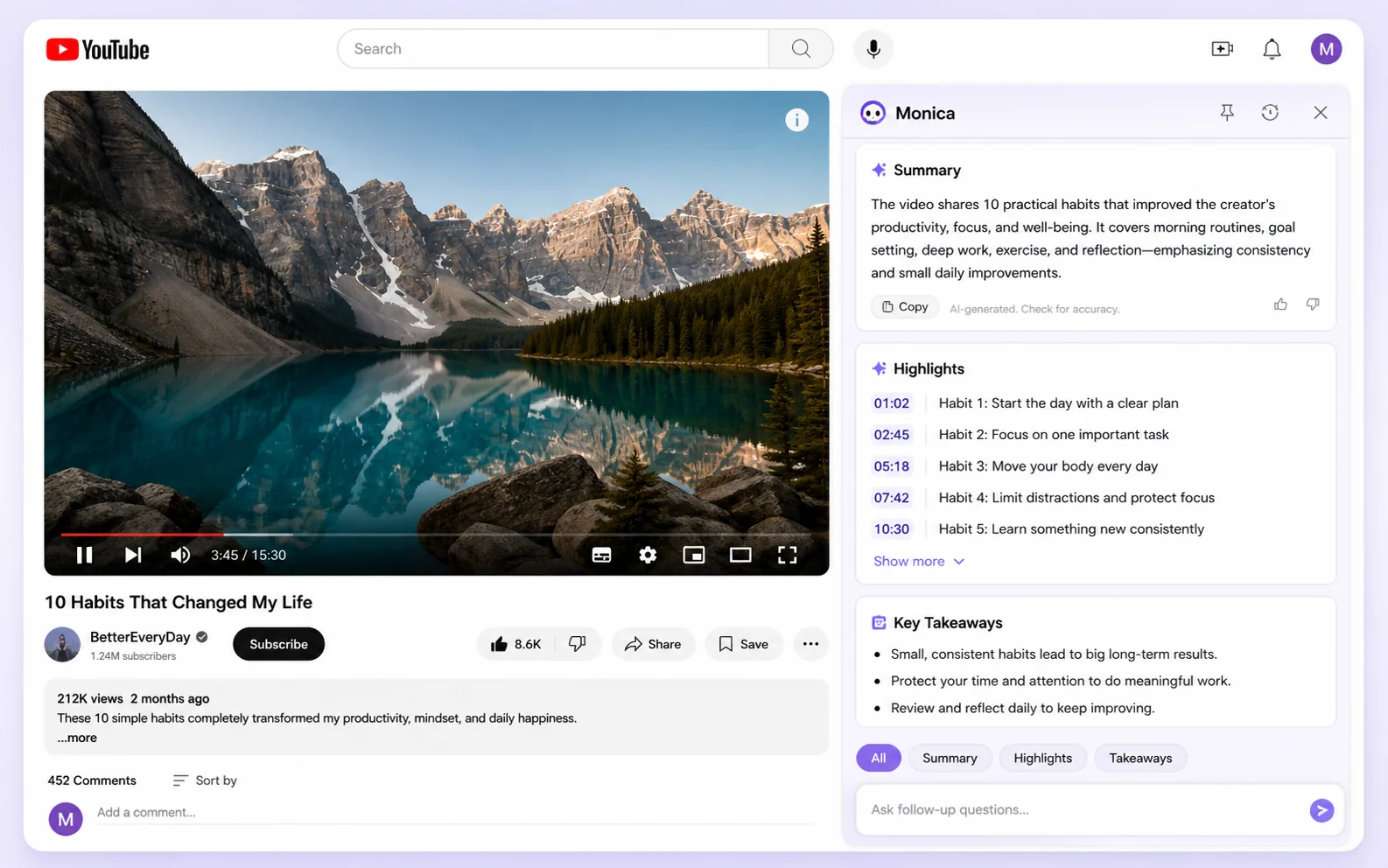 Monica: YouTube summary feature, showing video highlights and timestamps for faster review