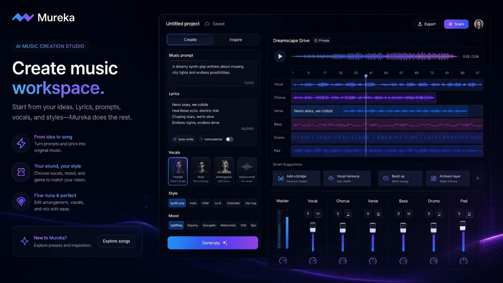 Mureka: create music workspace, showing how a buyer starts a song from prompts, lyrics, vocals, and style controls
