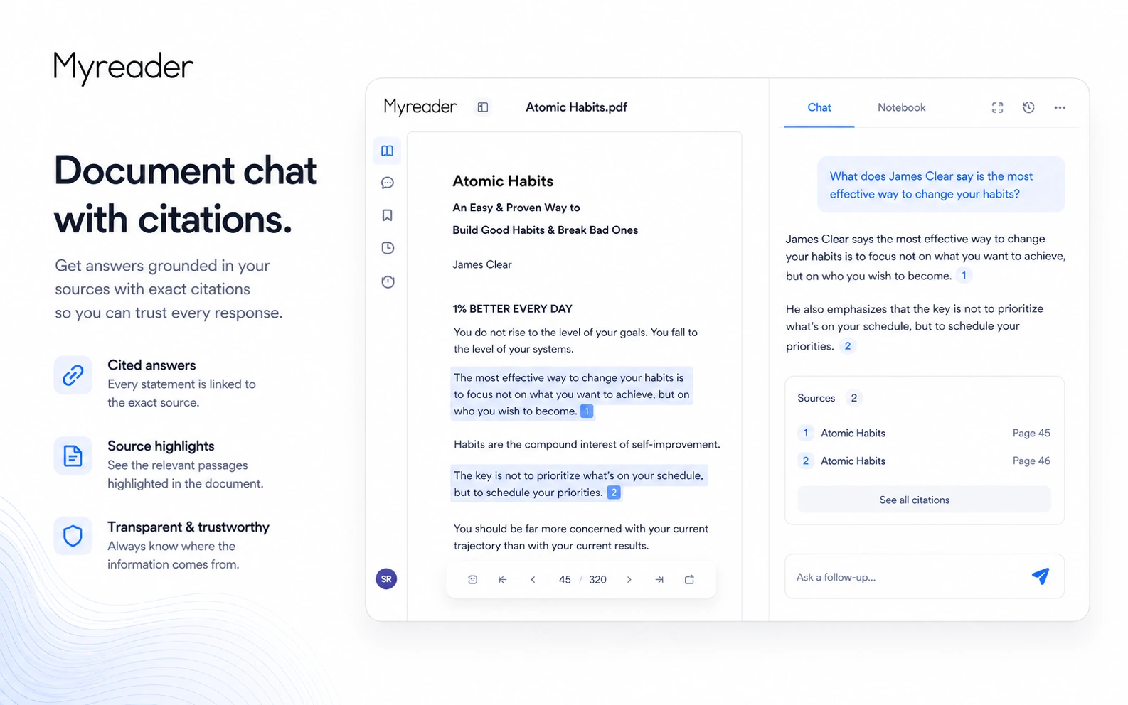 Myreader: document chat with citations, showing how a buyer checks answers against exact pages and source sections