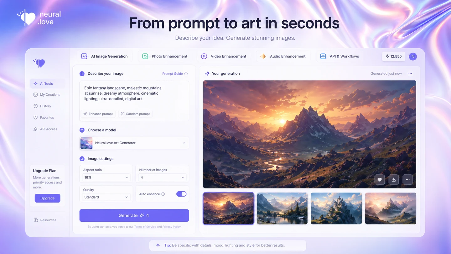 Neural.love: AI art generator interface, showing how a creator starts from a prompt and chooses generation options