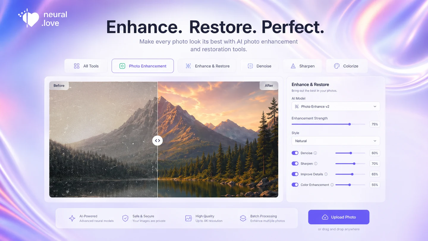Neural.love: photo enhancement tools, showing restoration and image quality options for old or low-quality images