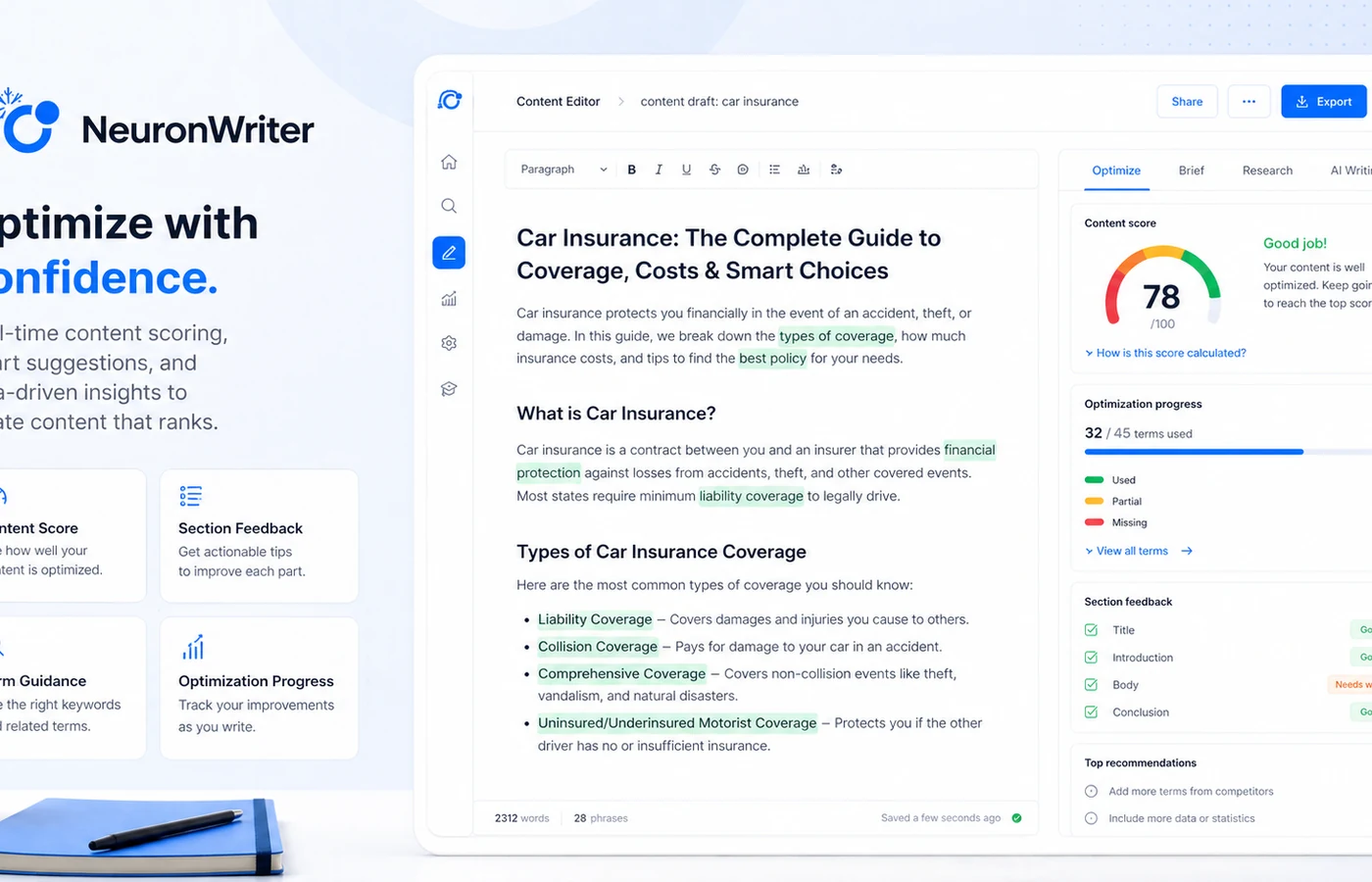 NeuronWriter: content editor score, showing how a buyer checks SEO optimization progress before publishing