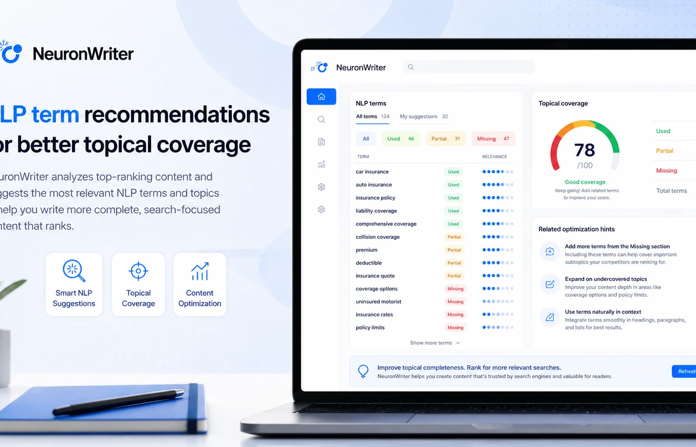NeuronWriter: NLP term recommendations, showing how a buyer reviews topical coverage against competing pages