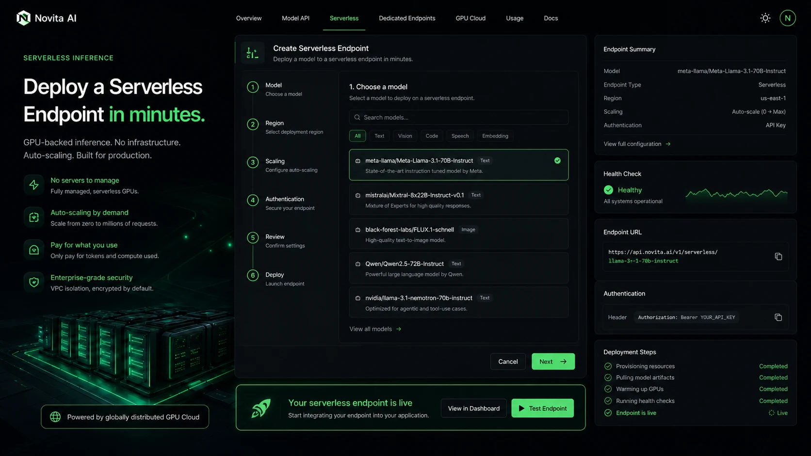 Novita AI: serverless endpoint setup, showing how a team configures GPU-backed inference before deployment