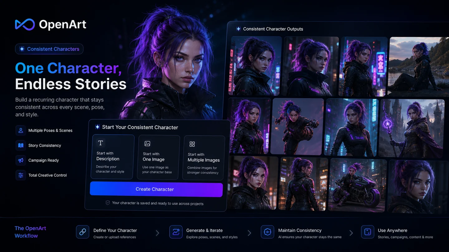 OpenArt: consistent character workflow, showing how a creator tests recurring characters for stories and visual campaigns