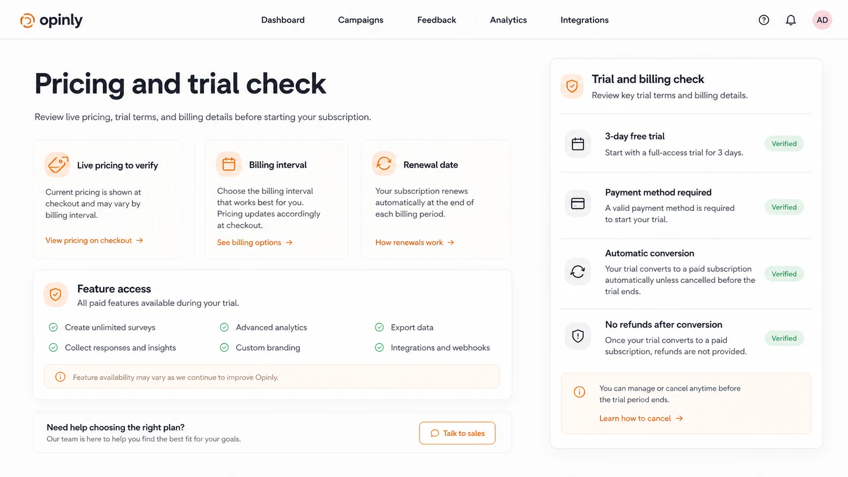Opinly: pricing page view, showing how buyers compare plan cost, trial terms, and billing interval before checkout
