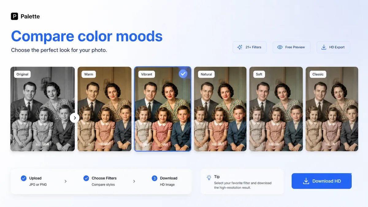 Palette: color filter comparison, showing how a buyer reviews multiple color moods before export