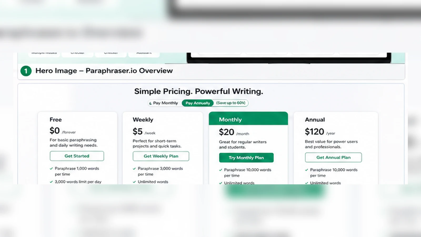 Paraphraser.io: pricing table, showing weekly, monthly, and annually billed plan choices for paid buyers