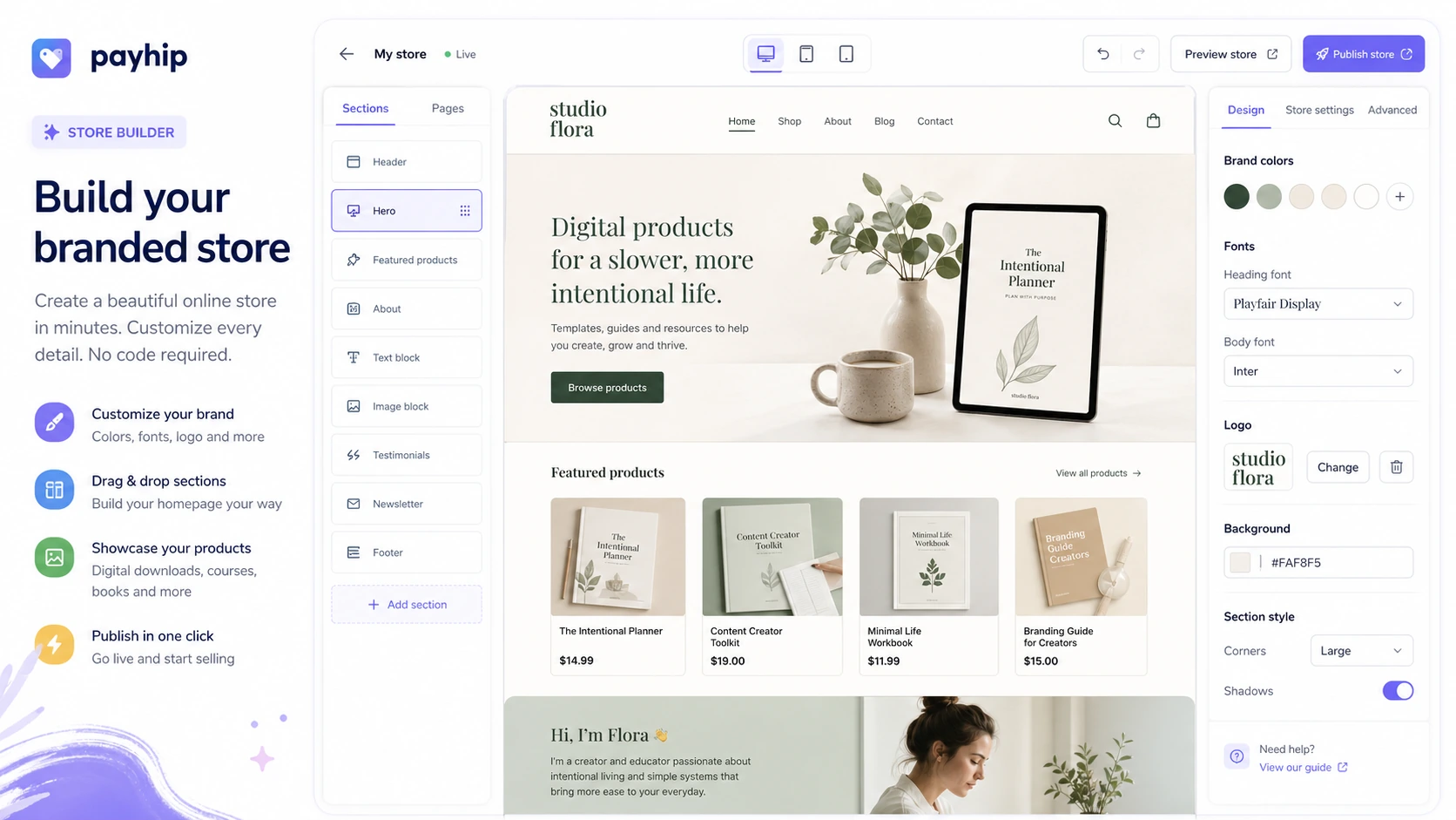 Payhip: store builder overview, showing how a creator can shape a branded storefront before launch
