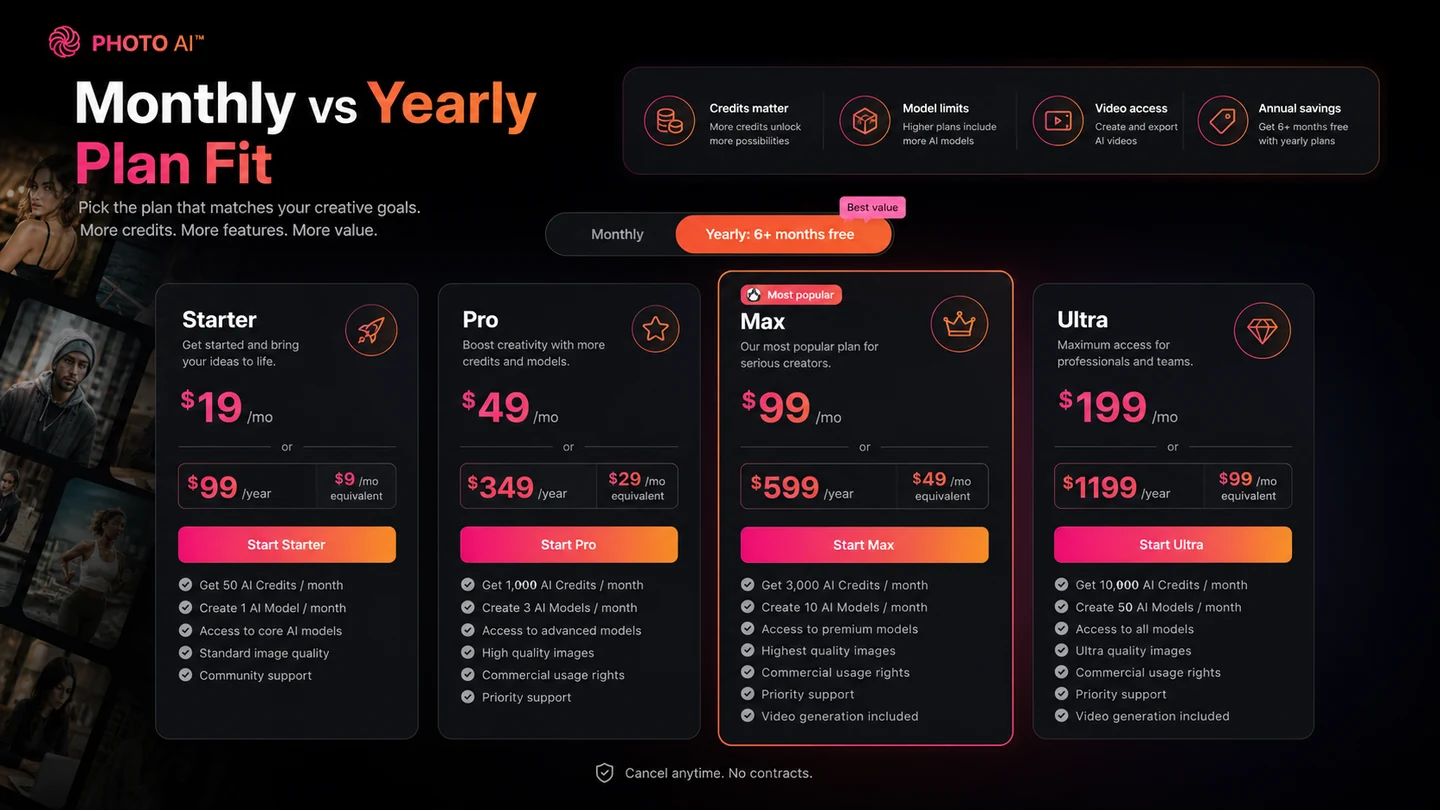 Photo AI: pricing plan comparison, showing Starter, Pro, Max, and Ultra paths a buyer should compare before checkout