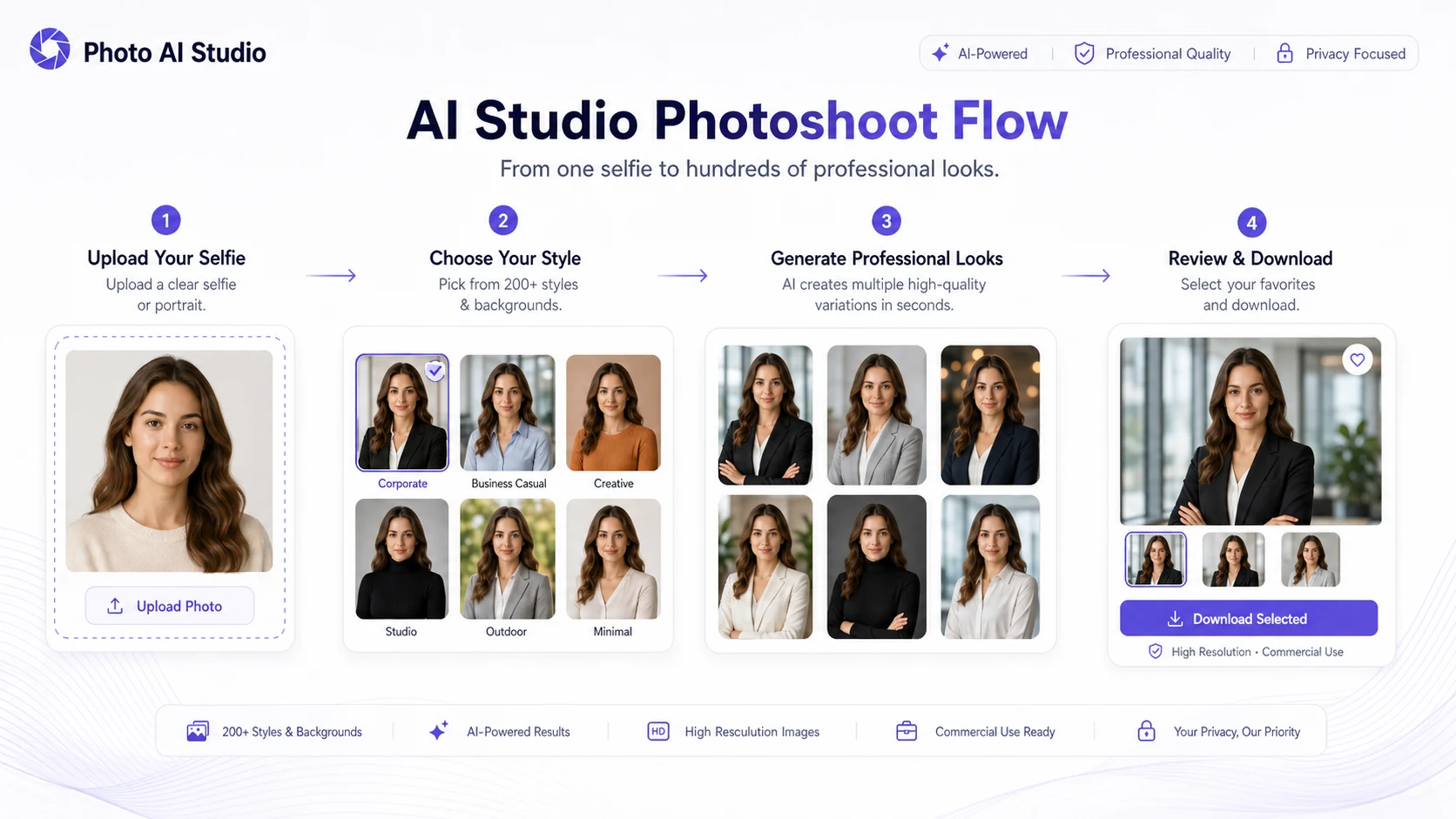Photo AI Studio: studio photoshoot flow, showing how a buyer uploads one selfie and chooses an AI photo style