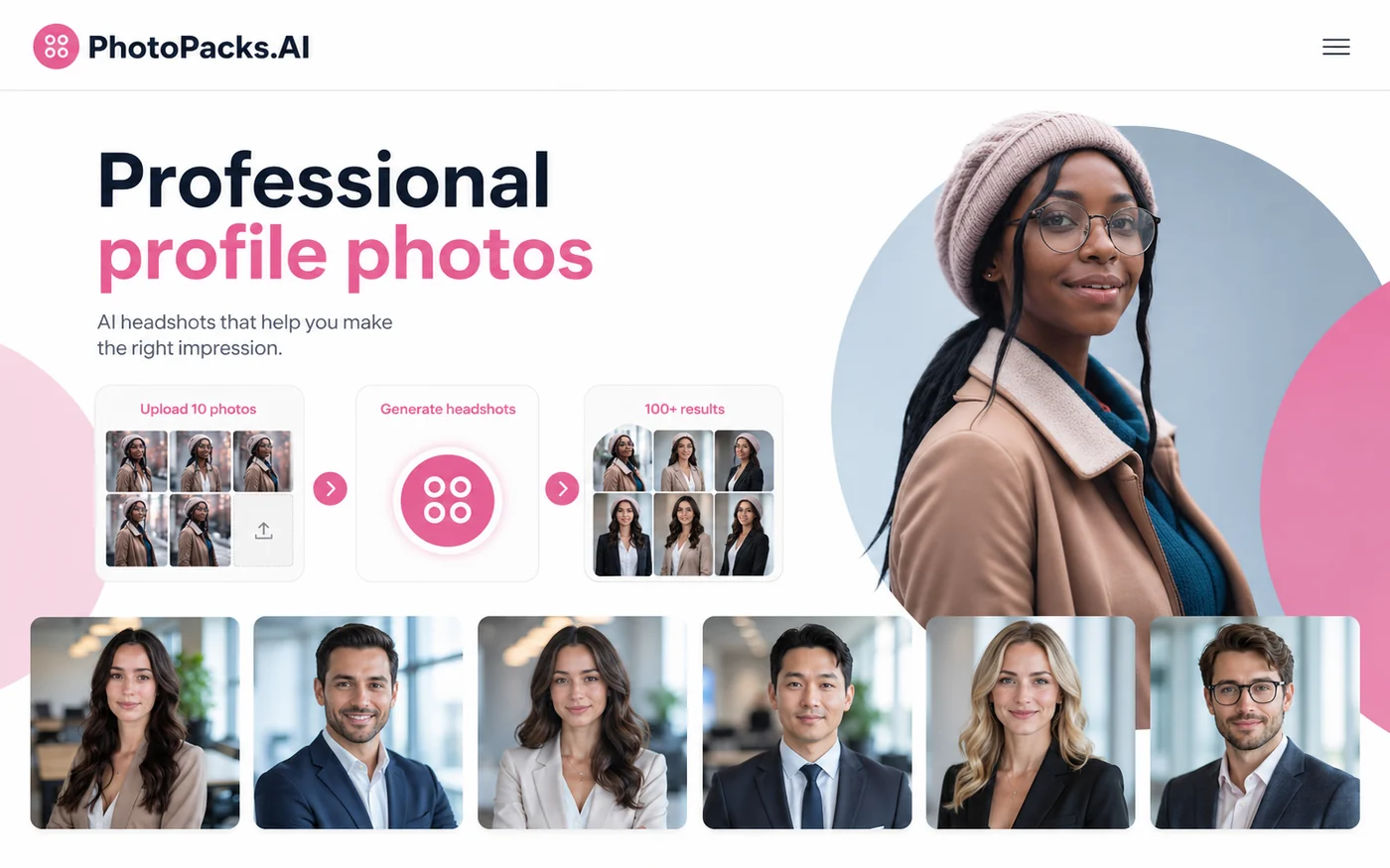 PhotoPacks.AI: homepage headshot generator, showing the buyer how ordinary photos become professional profile headshots