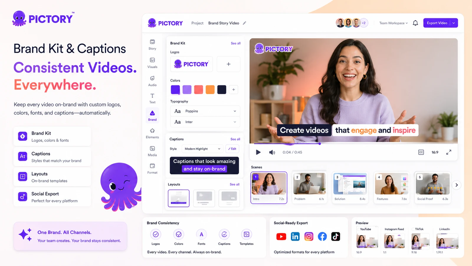 Pictory: brand kit and captions, showing publishing controls for branded social videos