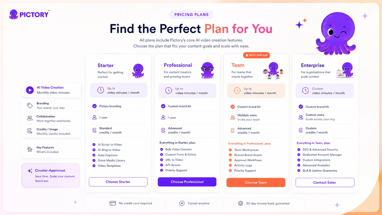 Pictory: pricing plans, showing Starter, Professional, Team, and Enterprise paths for plan-fit comparison