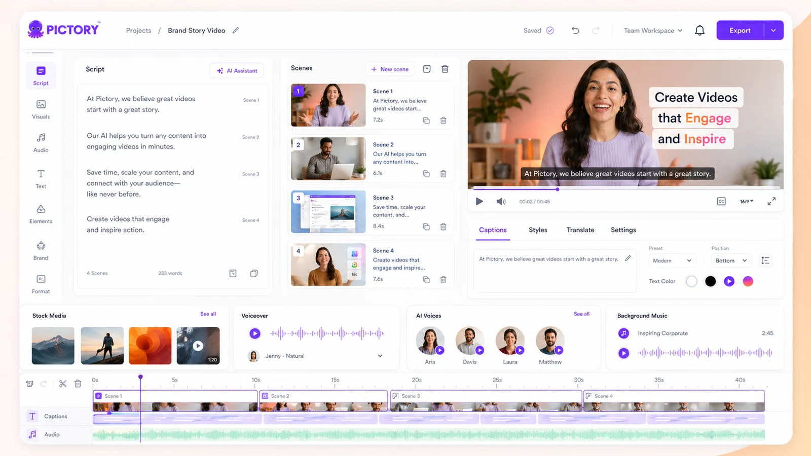 Pictory: script to video editor, showing scene editing, visuals, captions, and voiceover decisions