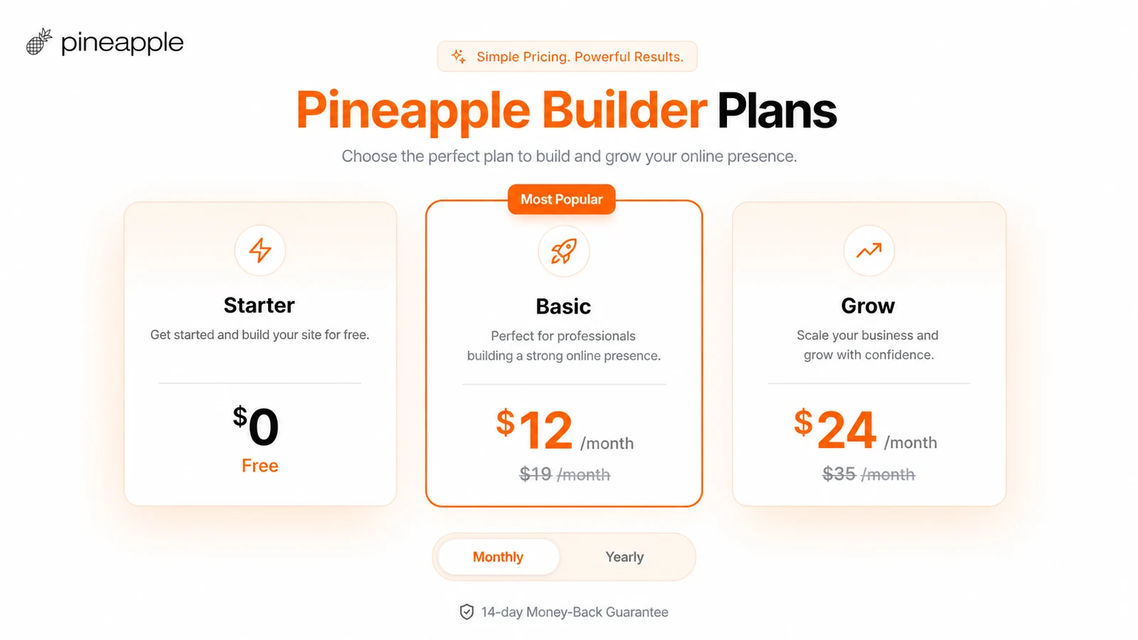 Pineapple Builder: pricing plans, showing free Starter, Basic, and Grow choices for website buyers
