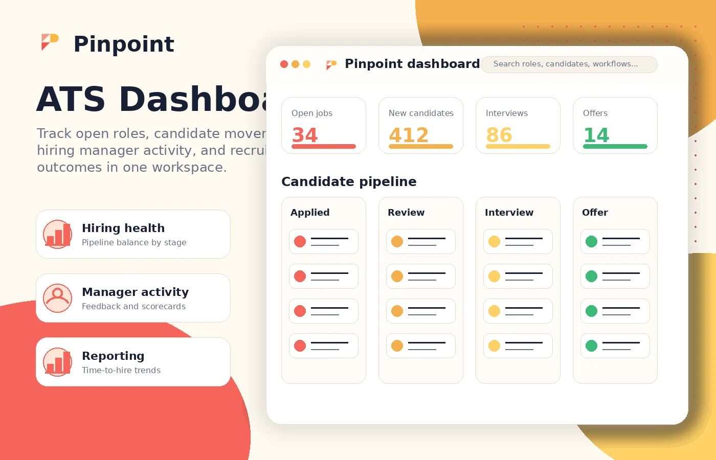 Pinpoint: ATS dashboard, showing how a hiring team reviews candidate and job workflow status before requesting pricing