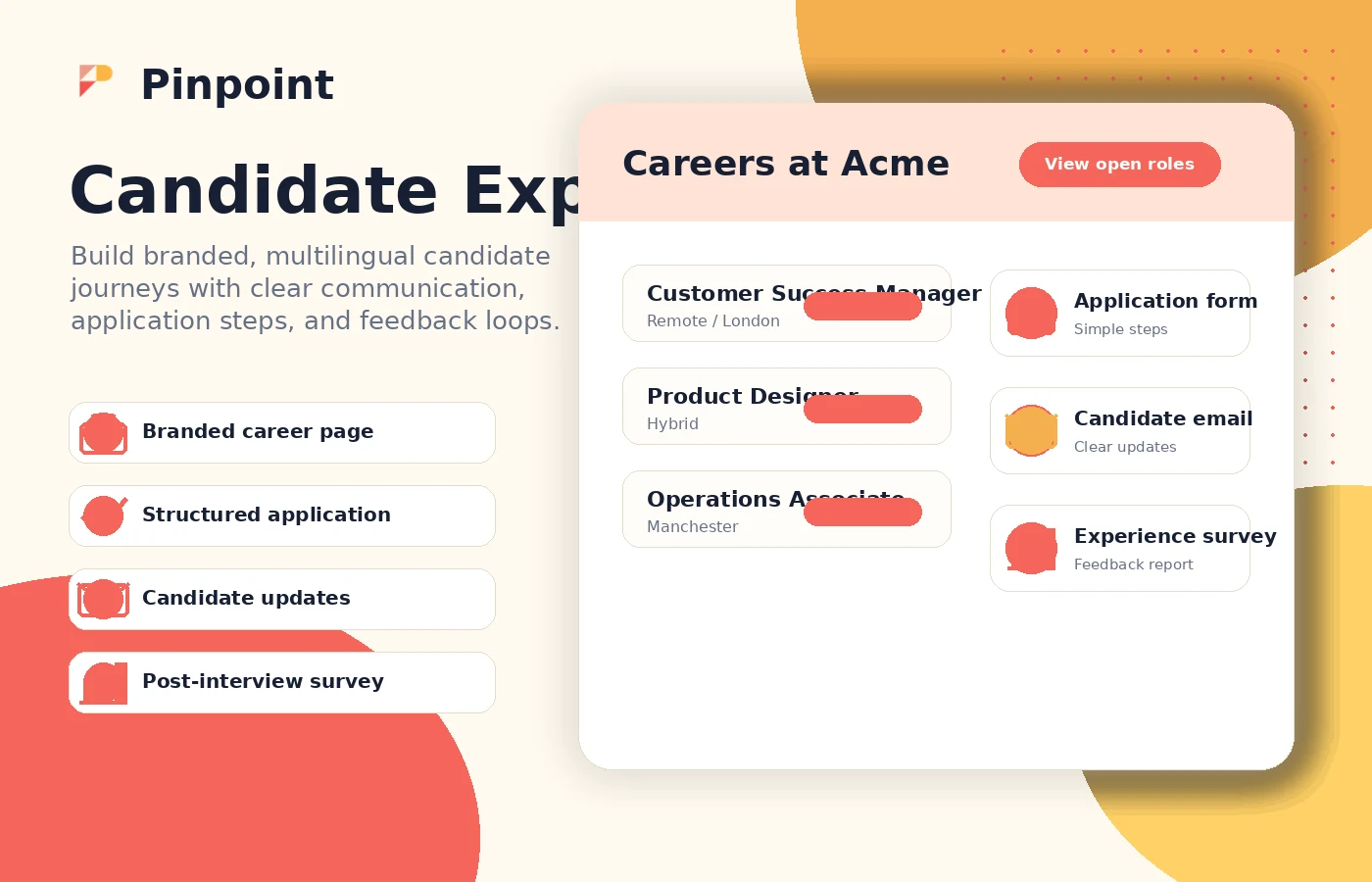 Pinpoint: candidate experience tools, showing branded application and communication touchpoints for applicants