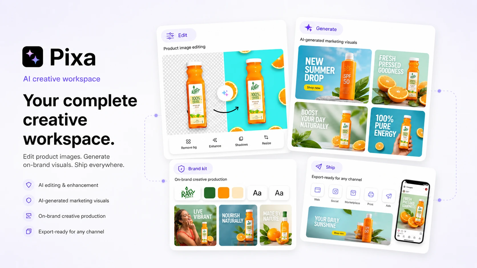 Pixa: creative workspace overview, showing how a buyer moves from image editing to AI generation and export decisions