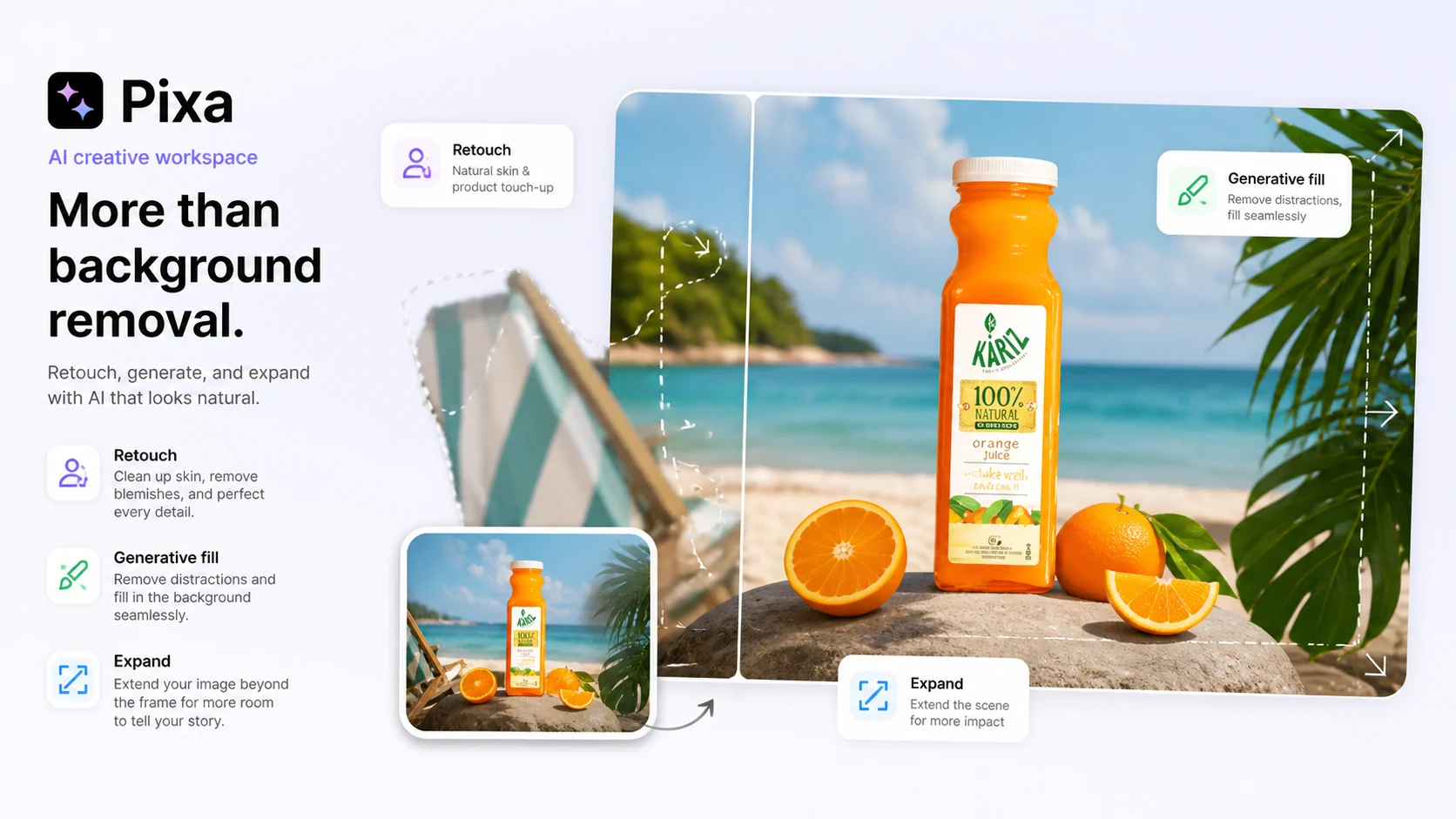 Pixa: generative fill and retouching tools, showing how a buyer edits or expands product and creator visuals