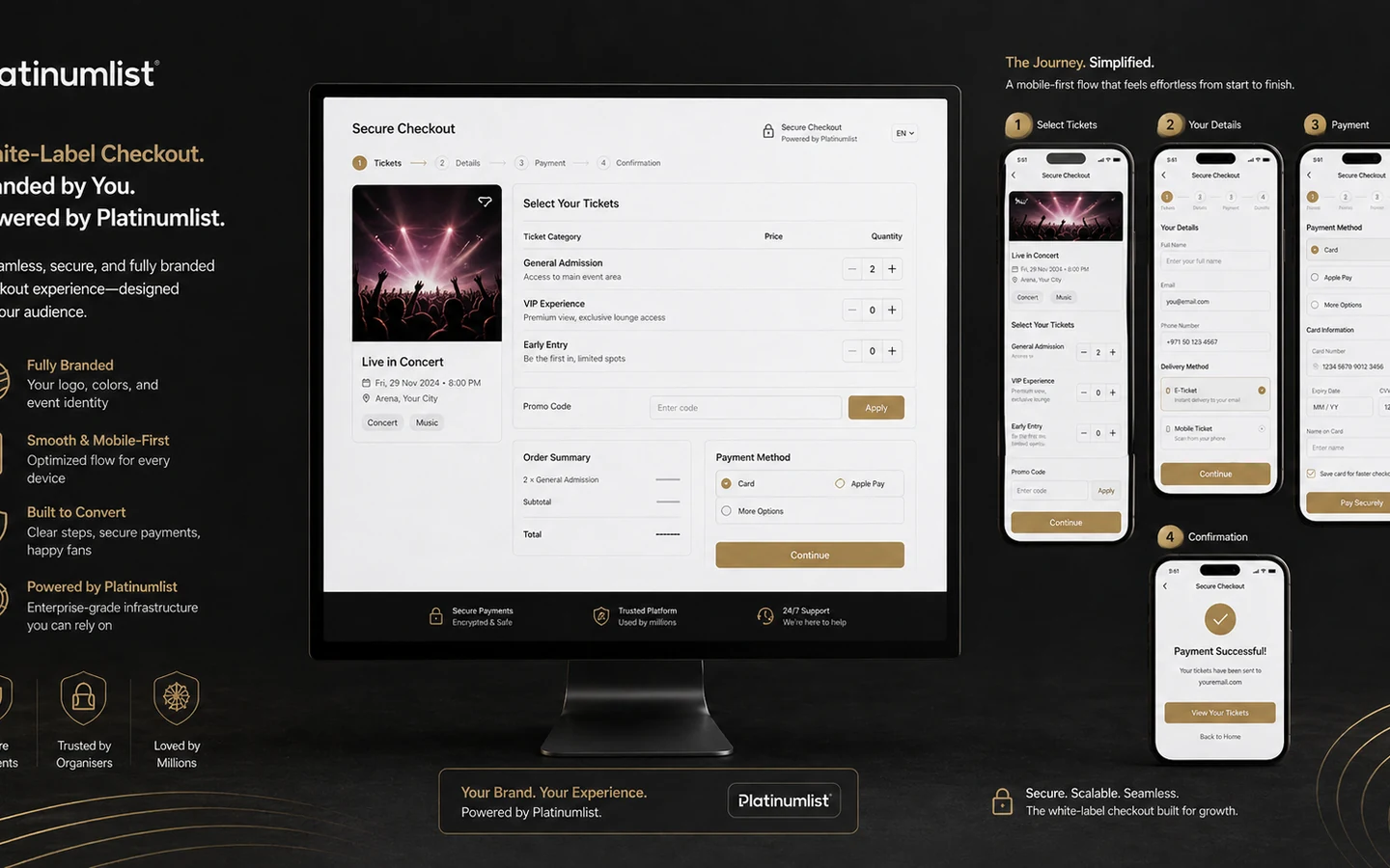 Platinumlist: white-label checkout, showing branded ticket sales flow and conversion-focused buyer journey