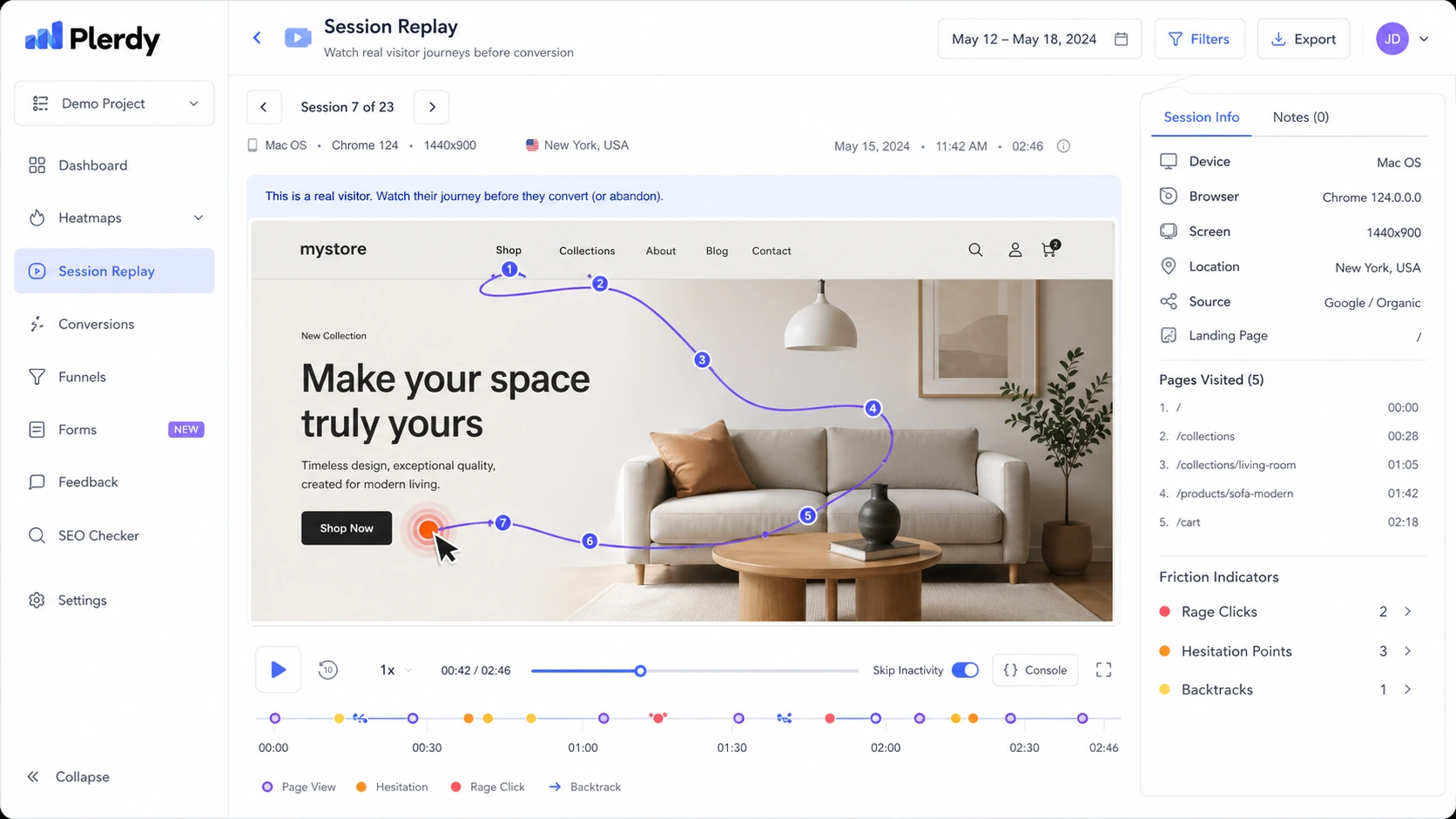 Plerdy: session replay view, showing how a buyer watches visitor journeys and friction points before conversion