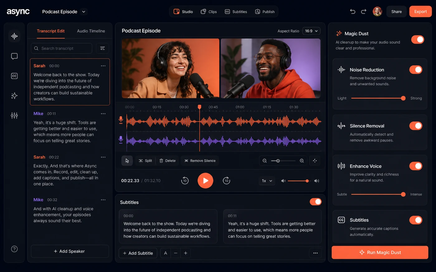Podcastle: AI editor, showing text-based editing, Magic Dust cleanup, and silence removal controls