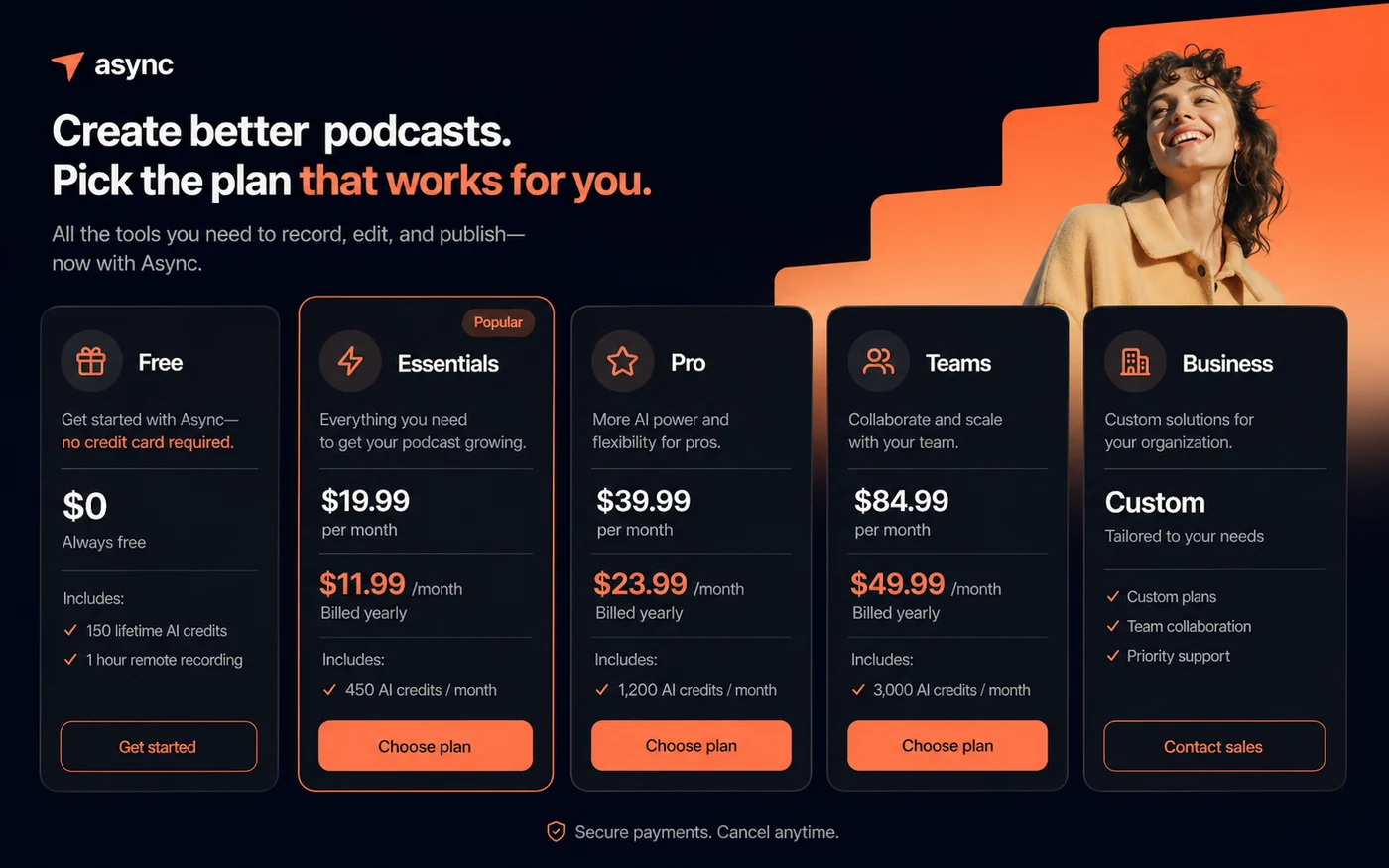 Podcastle: pricing plans, showing Free, Essentials, Pro, Teams, and Business paths for creator workflow fit